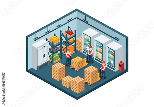 Isometric 3D view vector illustration of cold storage warehouse with refrigerated rooms, stacked food pallets and workers handling logistics operations