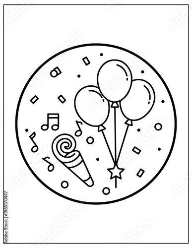 Coloring page, party balloons, ice cream cone, music notes, black and white illustration, kids activity, printable art