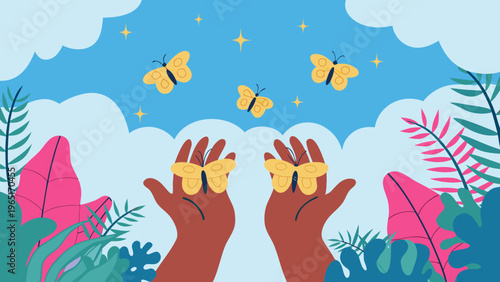 Whimsical illustration of hands releasing colorful butterflies into a serene blue sky with fluffy clouds and lush greenery