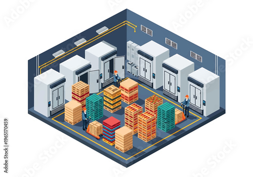 Isometric 3D view vector illustration of cold storage warehouse with refrigerated rooms, stacked food pallets and workers handling logistics operations