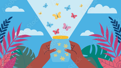 Vibrant illustration of hands releasing colorful butterflies from a jar with flowers and tropical leaves