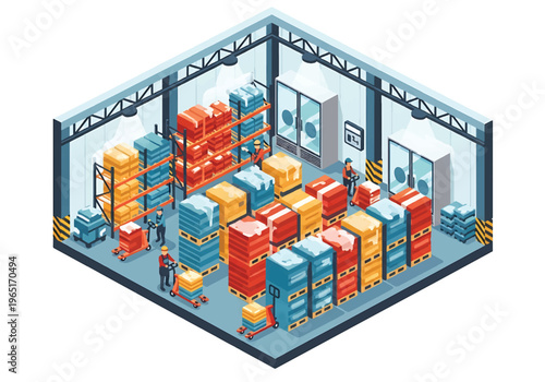 Isometric 3D view vector illustration of cold storage warehouse with refrigerated rooms, stacked food pallets and workers handling logistics operations