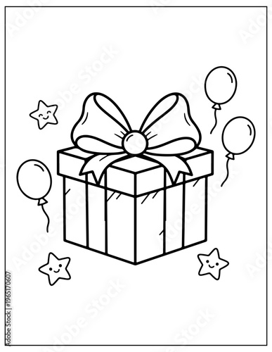 Gift box, present, birthday balloons, stars, line art illustration, vector graphics