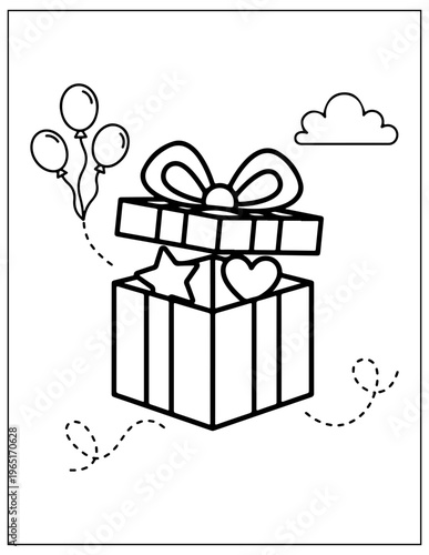 Gift box, present, balloons, line art, icons, vector