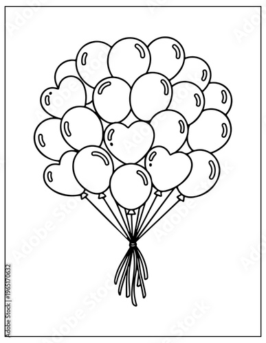 Black and white balloons, vector bouquet, line art party decorations, festive illustration