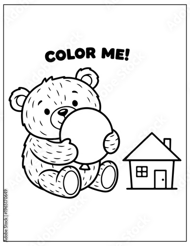 Coloring book page, bear, house, kids activity sheet, color me