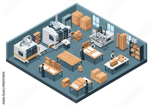 Isometric 3D view vector illustration of furniture manufacturing factory with woodworking machines, assembly tables and stacked wooden boards in industrial workshop