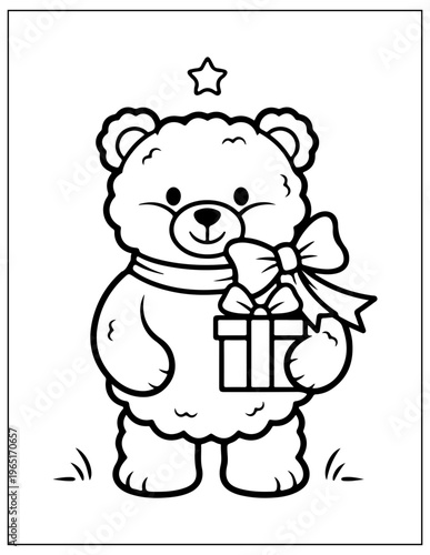 Cute Teddy Bear, Holding Gift, Black and White Illustration, Coloring Page