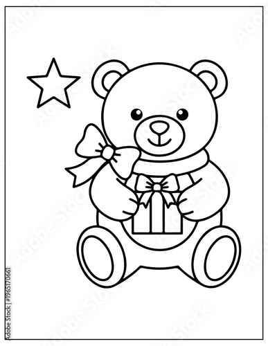 Cute Teddy Bear, Gift, Star, Coloring Page, Vector Illustration, Black and White
