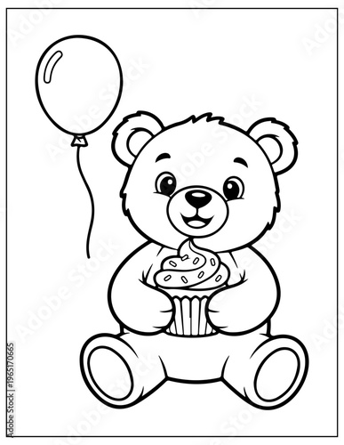 Cute Teddy Bear, Holding Cupcake, With Balloon, Coloring Page