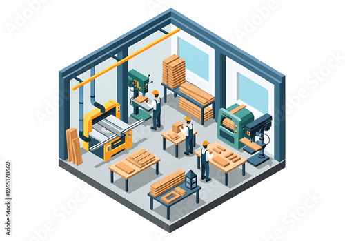 Isometric 3D view vector illustration of furniture manufacturing factory with woodworking machines, assembly tables and stacked wooden boards in industrial workshop