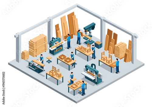 Isometric 3D view vector illustration of furniture manufacturing factory with woodworking machines, assembly tables and stacked wooden boards in industrial workshop