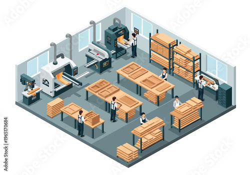 Isometric 3D view vector illustration of furniture manufacturing factory with woodworking machines, assembly tables and stacked wooden boards in industrial workshop
