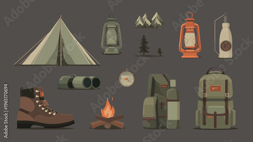 A summer outdoor adventure camping scene with hiking gear and equipment