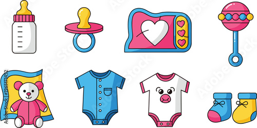 Baby Essentials Icons Set Featuring Bottle, Pacifier, Rattle, Teddy Bear, Onesie, Booties, and Blanket for Infant and Baby Care Designs