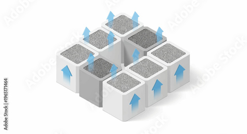 A 3D illustration of nine grey blocks with arrows pointing in different directions.