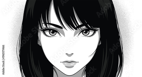 Close-up black and white manga style illustration of a young woman with dark hair and a serious, focused expression.