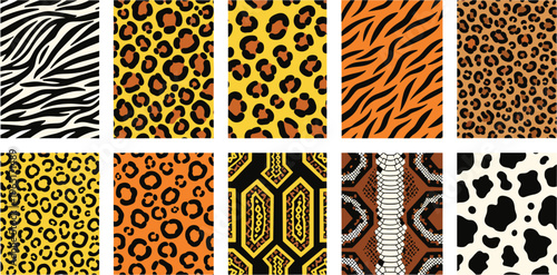 Animal Print Patterns Icons Set Featuring Zebra, Leopard, Tiger, Snake, and Cheetah Designs for Fashion and Textile Patterns