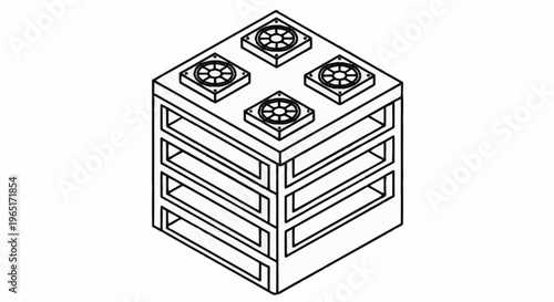 A line drawing of a cube shaped object with vents on top.