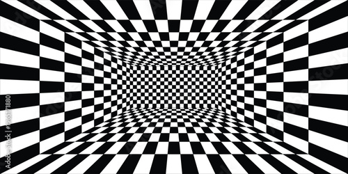 3D chess board textured room. Abstract perspective tunnel. Vector illustration.