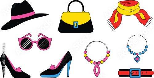Fashion Accessories Icons Set Featuring Hat, Handbag, Scarf, Sunglasses, High Heels, Necklace, and Belt for Stylish Clothing and Accessories Designs