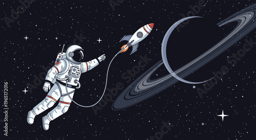 Astronaut floating in outer space tethered to a small rocket ship near the rings of planet Saturn with stars in dark background.