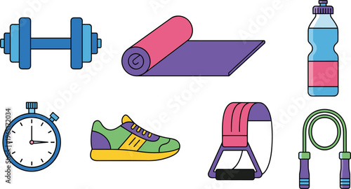 Fitness and Workout Gear Icons Set Featuring Dumbbells, Yoga Mat, Water Bottle, Stopwatch, Running Shoes, Resistance Bands, and Jump Rope for Exercise Designs