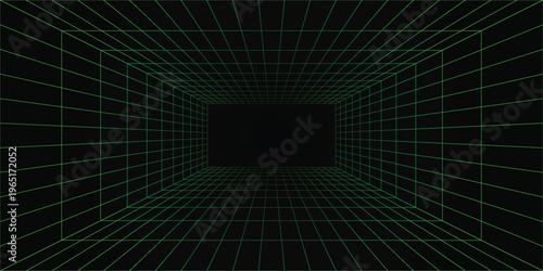 Grid room in perspective, vector illustration in 3d style. Indoor wireframe from green laser beam, template interior square, digital empty box. Abstract geometric design on black background
