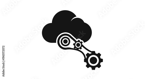 Cloud computing automation icon featuring a cloud silhouette integrated with mechanical gears. Symbol of cloud management, digital transformation, automated processing, and network optimization. Black