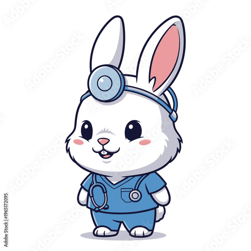 Cute cartoon bunny doctor wearing scrubs and stethoscope on head.