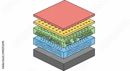 Layered composition of colored square sections.