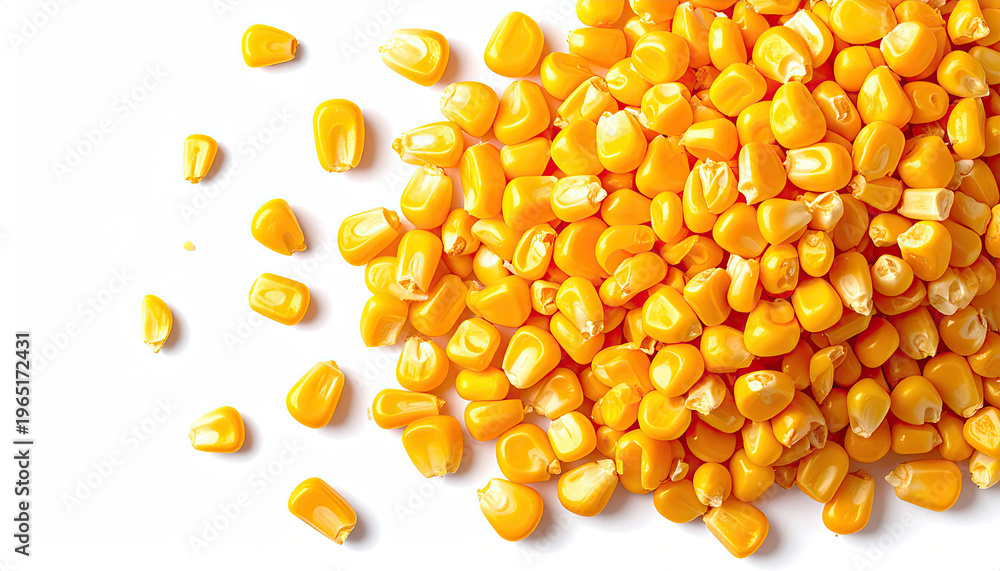 Fototapeta premium Vibrant Yellow Corn Kernels Scattered on a White Background