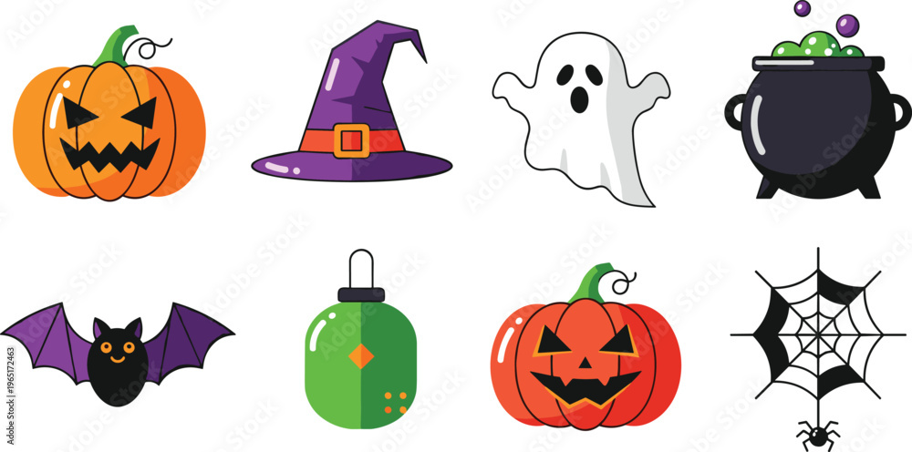 Obraz premium Halloween Icons Set Featuring Pumpkin, Witch Hat, Ghost, Cauldron, Bat, Spider, and Web for Spooky Season Decorations
