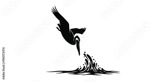 Pelican silhouette diving headfirst into water creates a dynamic splash on a white.