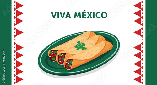 Delicious Mexican tacos or flautas served on a green plate with cilantro garnish for a Viva Mexico cultural celebration event.