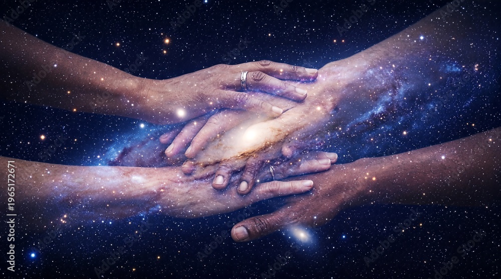 Fototapeta premium A group of hands overlapping, blended with a galaxy background, symbolizing unity.