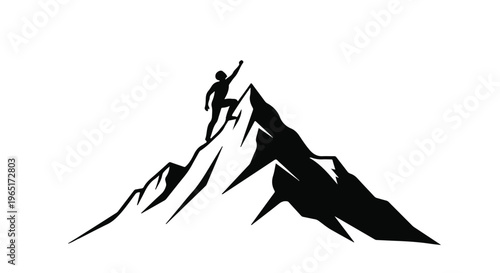 Human silhouette climbing a jagged mountain peak symbolizes achievement and personal.