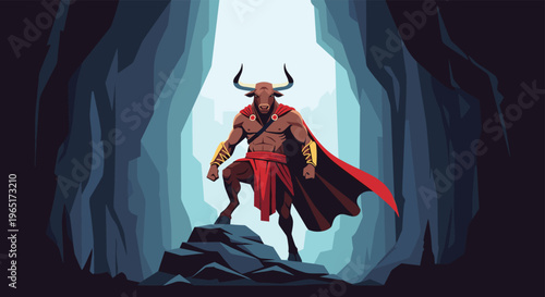 Mythological minotaur with bull head and muscular human body standing at the entrance of a dark cave in a dramatic pose.