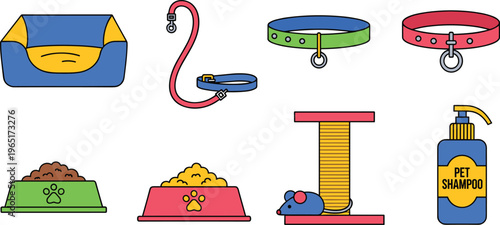 Pet Accessories Icons Set Featuring Bed, Collar, Leash, Food Bowls, Toy, and Shampoo for Dog and Cat Care Products