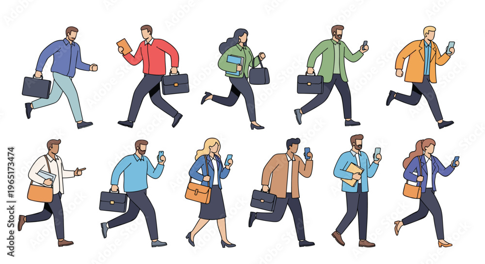 Fototapeta premium Large group of diverse business men and women running with briefcases, folders, and smartphones to represent a busy work life.