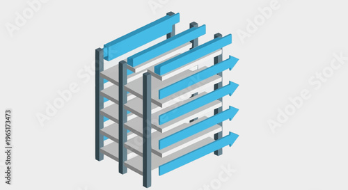3D rendering of a metal shelving unit.