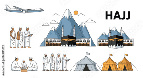 Collection of Islamic Hajj pilgrimage icons including the Kaaba, pilgrims, tents, Mount Arafat, and a transport airplane.
