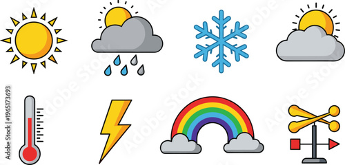 Weather and Climate Icons Set Featuring Sun, Clouds, Rain, Snow, Lightning, Rainbow, Thermometer, and Wind Vane for Meteorology Designs