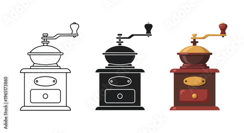 Set of three vintage coffee bean grinders - Glyph solid icon - Editable modern style icon - Clipart, sticker - icon set - Clipart