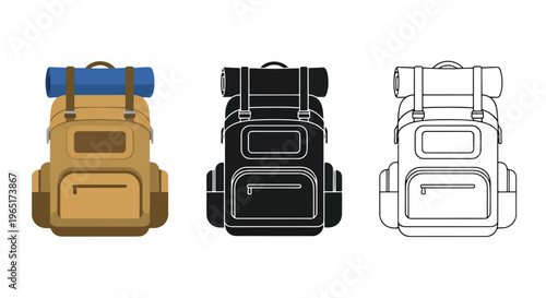 Travel backpacks with sleeping rolls set - Blue icon set - Modern style icon  - Glyph and solid icon set - Icon vector