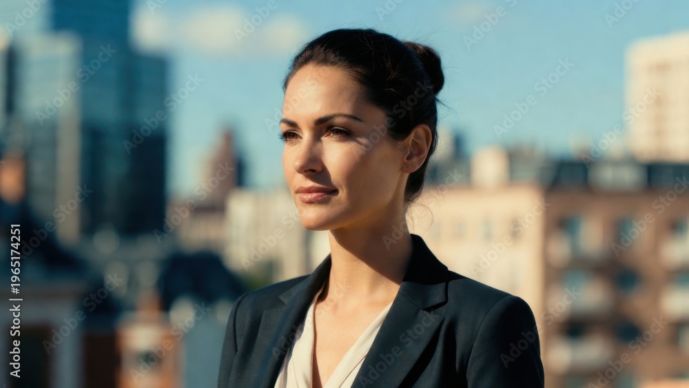 Obraz premium Closeup businesswoman gazing across urban rooftop skyline