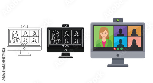Video conference call icons on monitor - Editable line icons. Vector illustration - Glyph and solid icon set - Icon vector