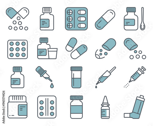 Medicine dosage forms blue editable stroke outline icon, minimal flat vector illustration of pills, capsules, and liquid medicines, editable for pharmaceutical, medical, and healthcare visuals.