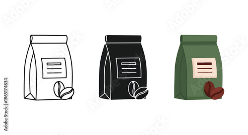 Coffee bean bag icons in various styles - Minimalist, flat icon, outline, glyph, linear, clipart, sticker - icon set