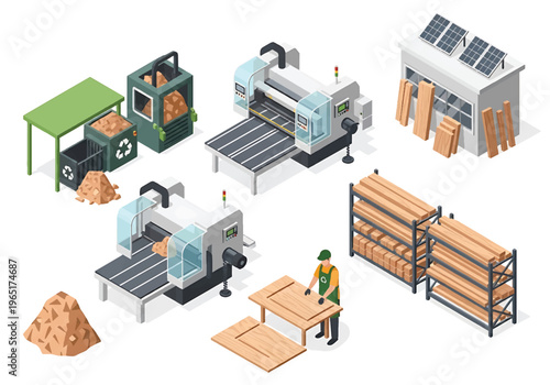 Isometric 3D view vector illustration of furniture manufacturing factory with woodworking machines, assembly tables and stacked wooden boards in industrial workshop